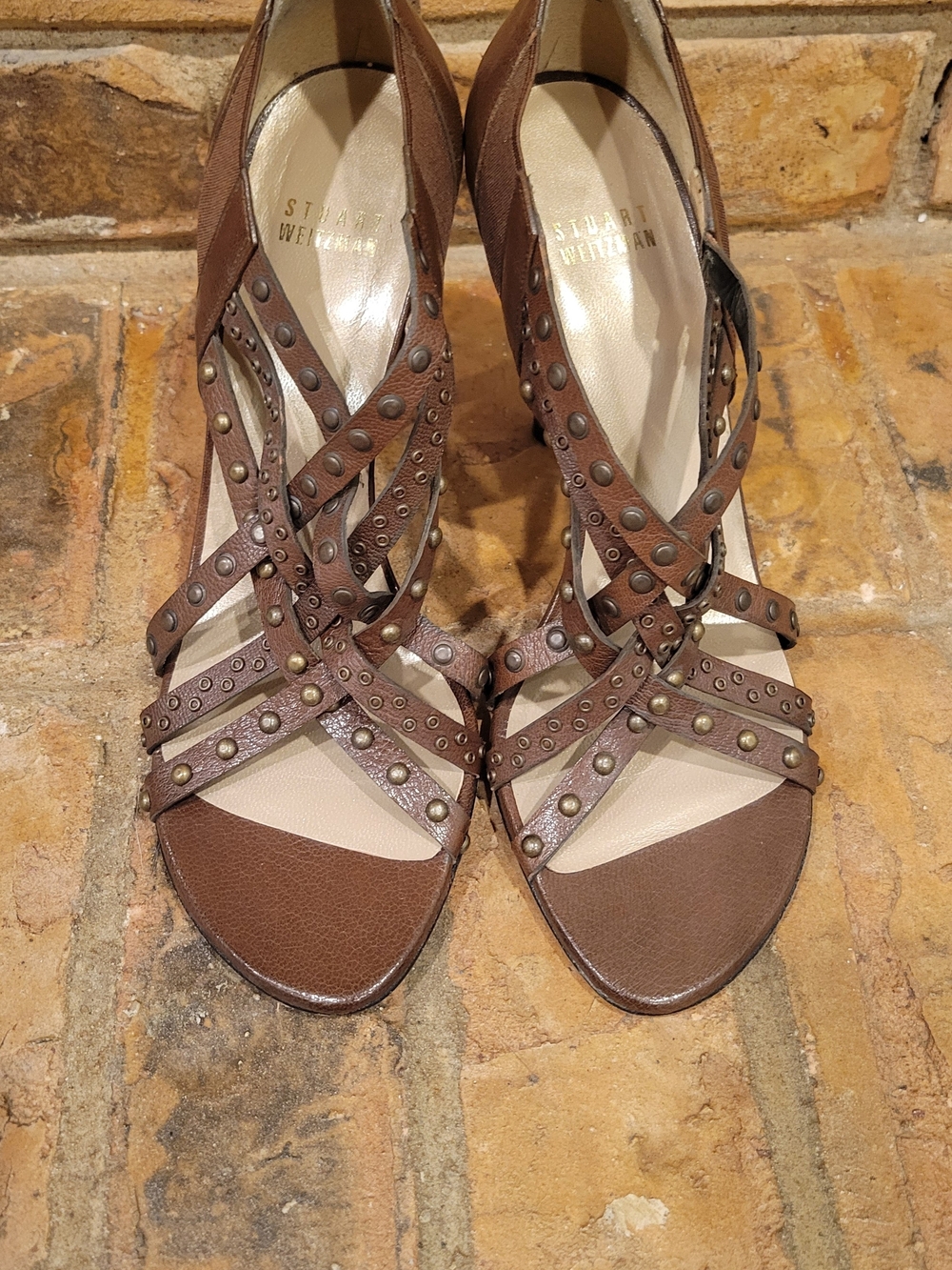 Stuart Weitzman Brown Studded Strappy High Heels